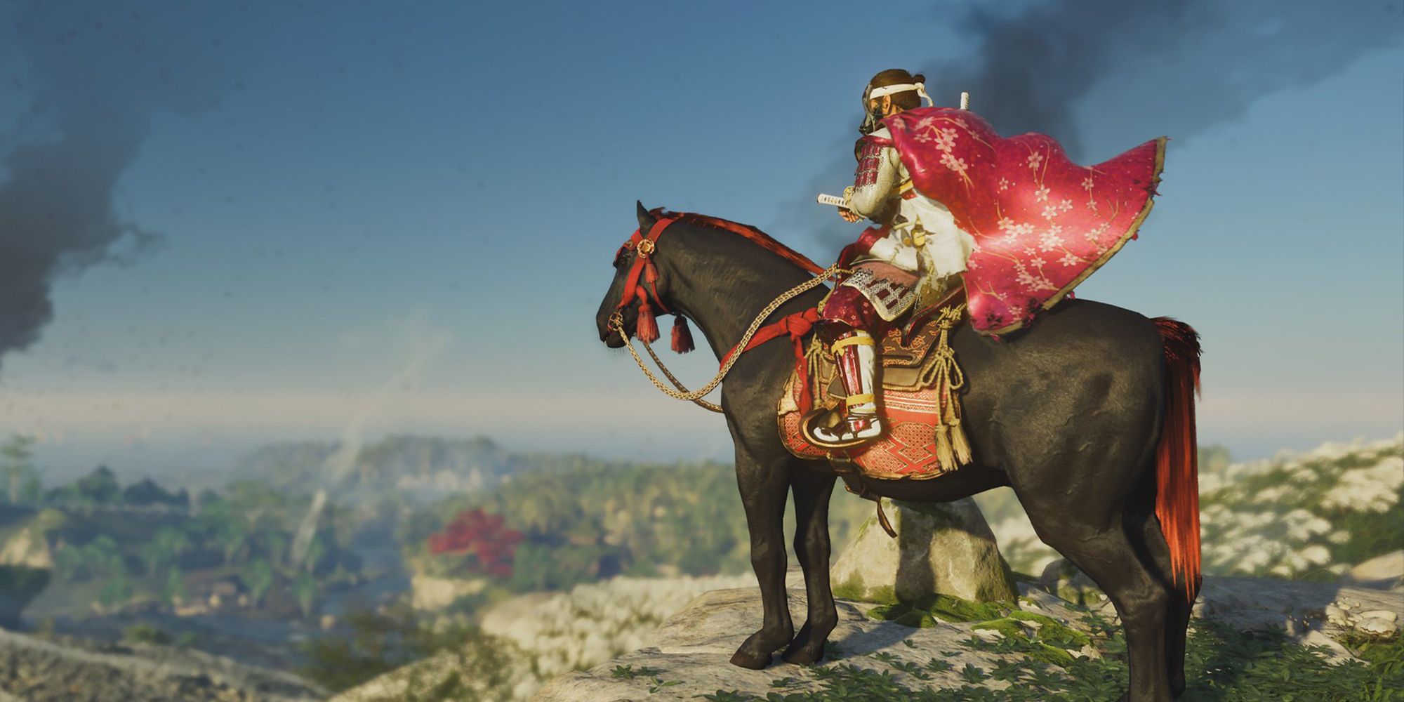 Jin riding a horse in Ghost of Tsushima 