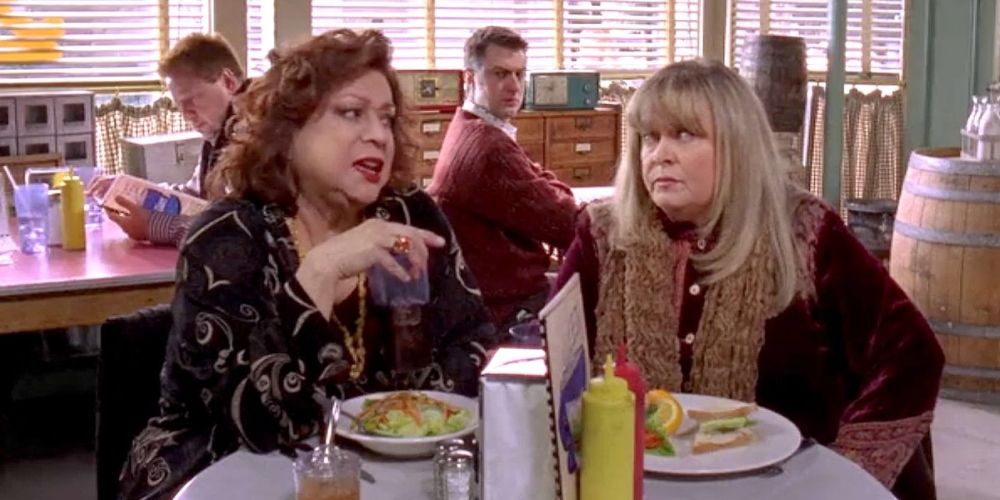 Miss Patty and Babette sitting at a table at Luke's diner on Gilmore Girls