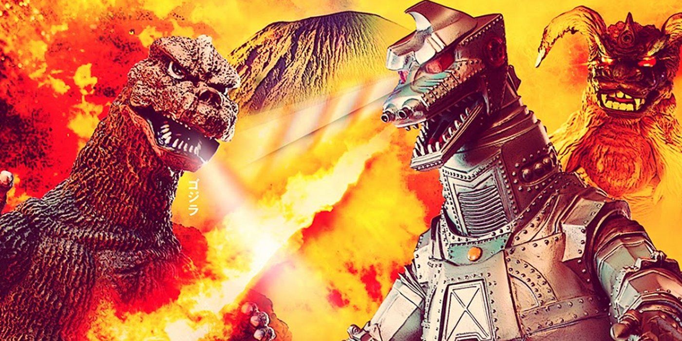 Godzilla, Mechagodzilla e Rei César cercados por chamas