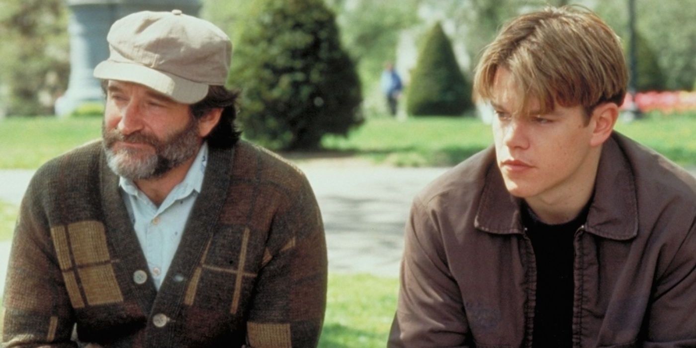Matt Damon and Robin Williams talk in a park in Good Will Hunting