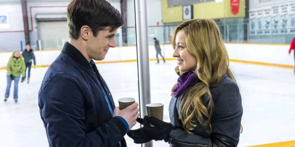 Brandon And Tara drinking coffee at the ice rink on Good Witch