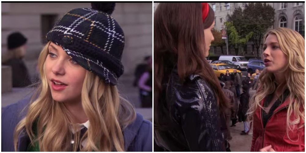 Jenny in hat, Blair and Serena facing off