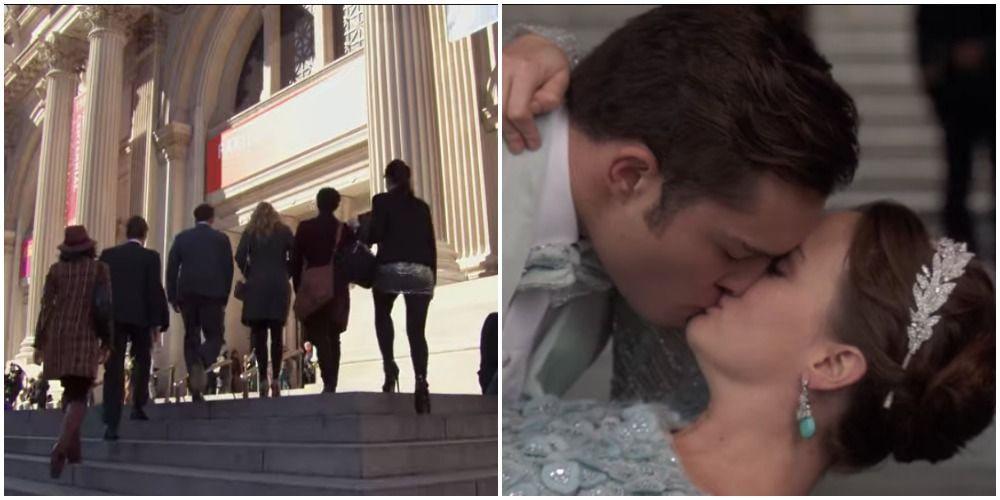 People walking up steps, Blair and Chuck kissing