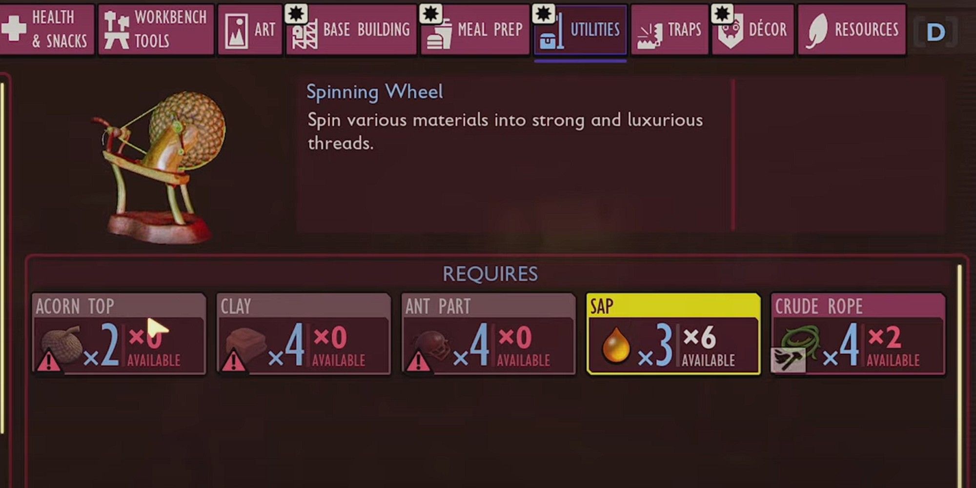 Crafting ingredients for the spinning wheel in Grounded