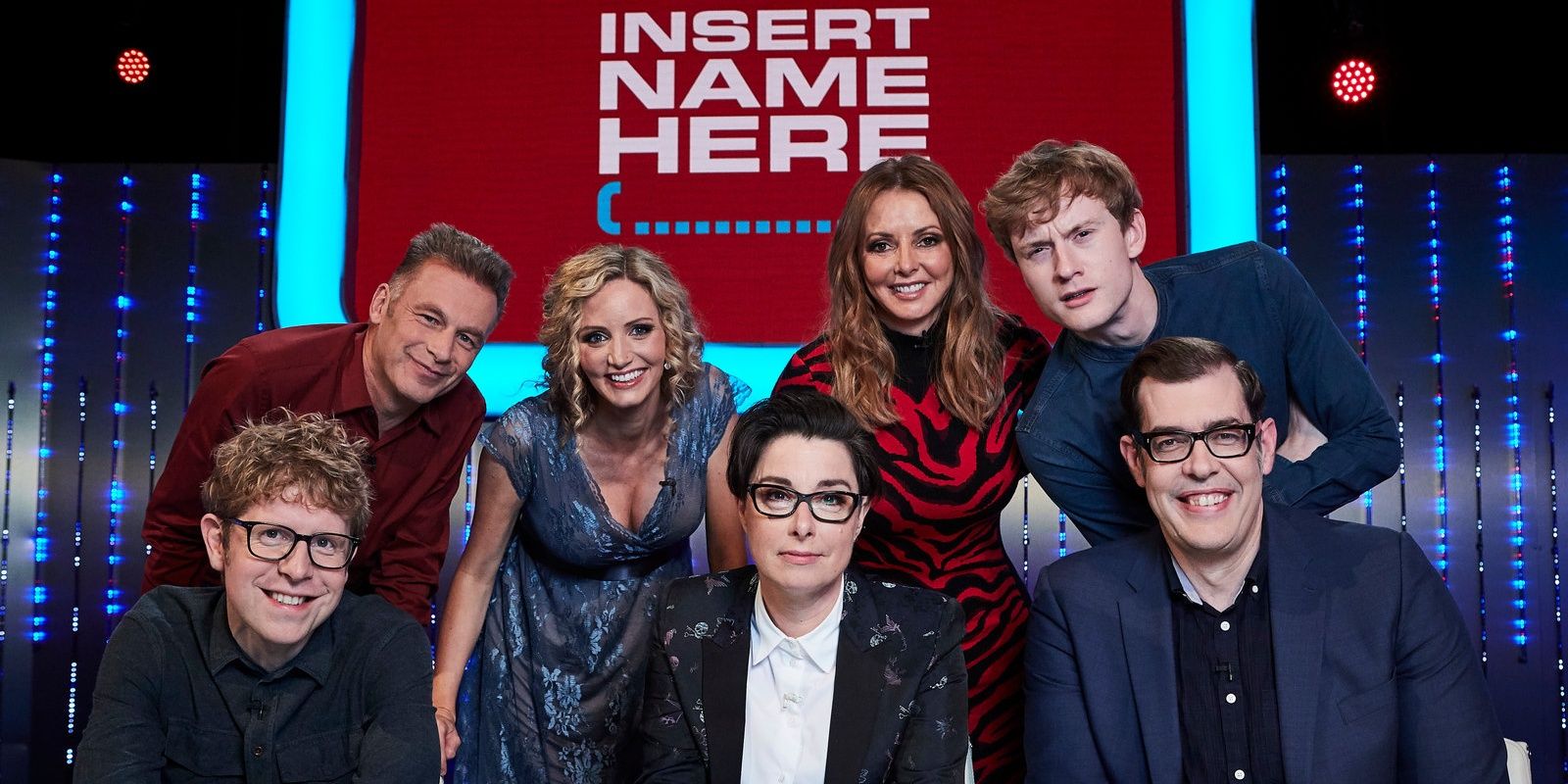 Group of hosts and contestants on the set of the British Panel show Insert Name Here