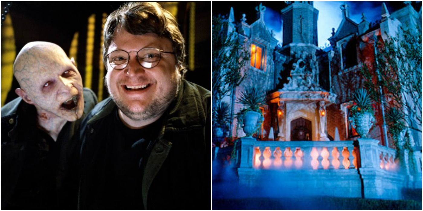 Director Guillermo del Toronext to an image of the Disney World attraction The Haunted Mansion.