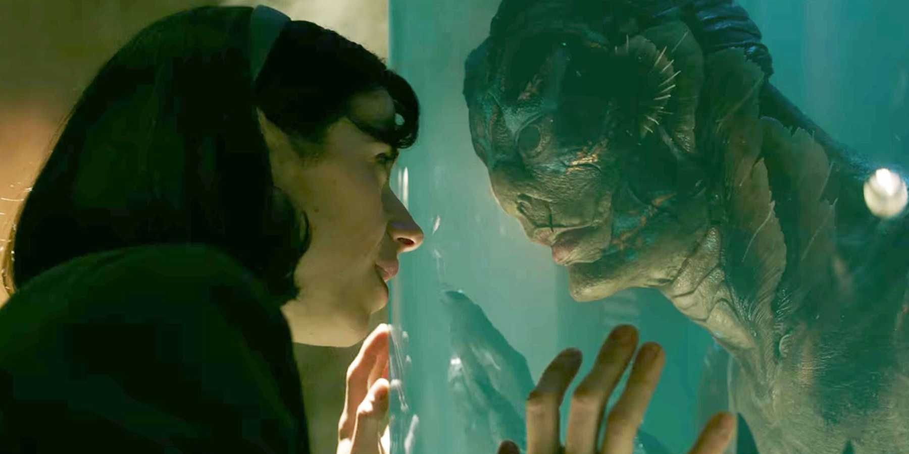 Sally Hawkins staring at the Amphibian Man through glass in Guillermo del Toro's The Shape of Water