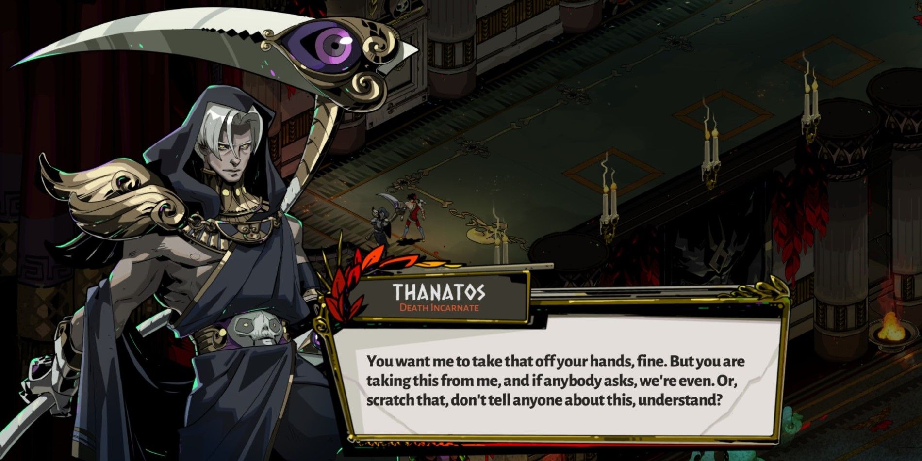 Thanatos from the game Hades talking to Zagreus