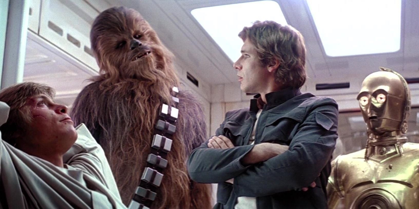Han, Chewie, Threepio, and Luke in Star Wars The Empire Strikes Back.