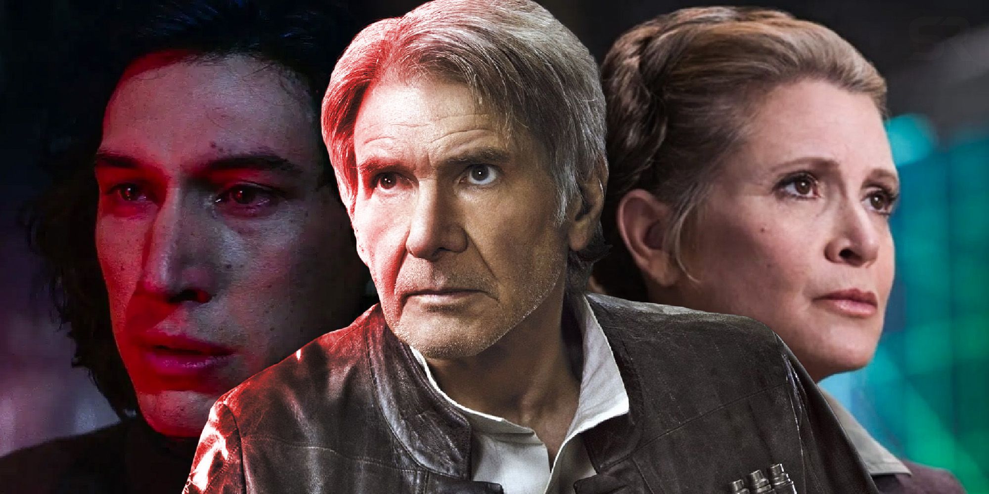 A collage of the faces of Han Solo, Kylo Ren and Leia in Star Wars The Force Awakens