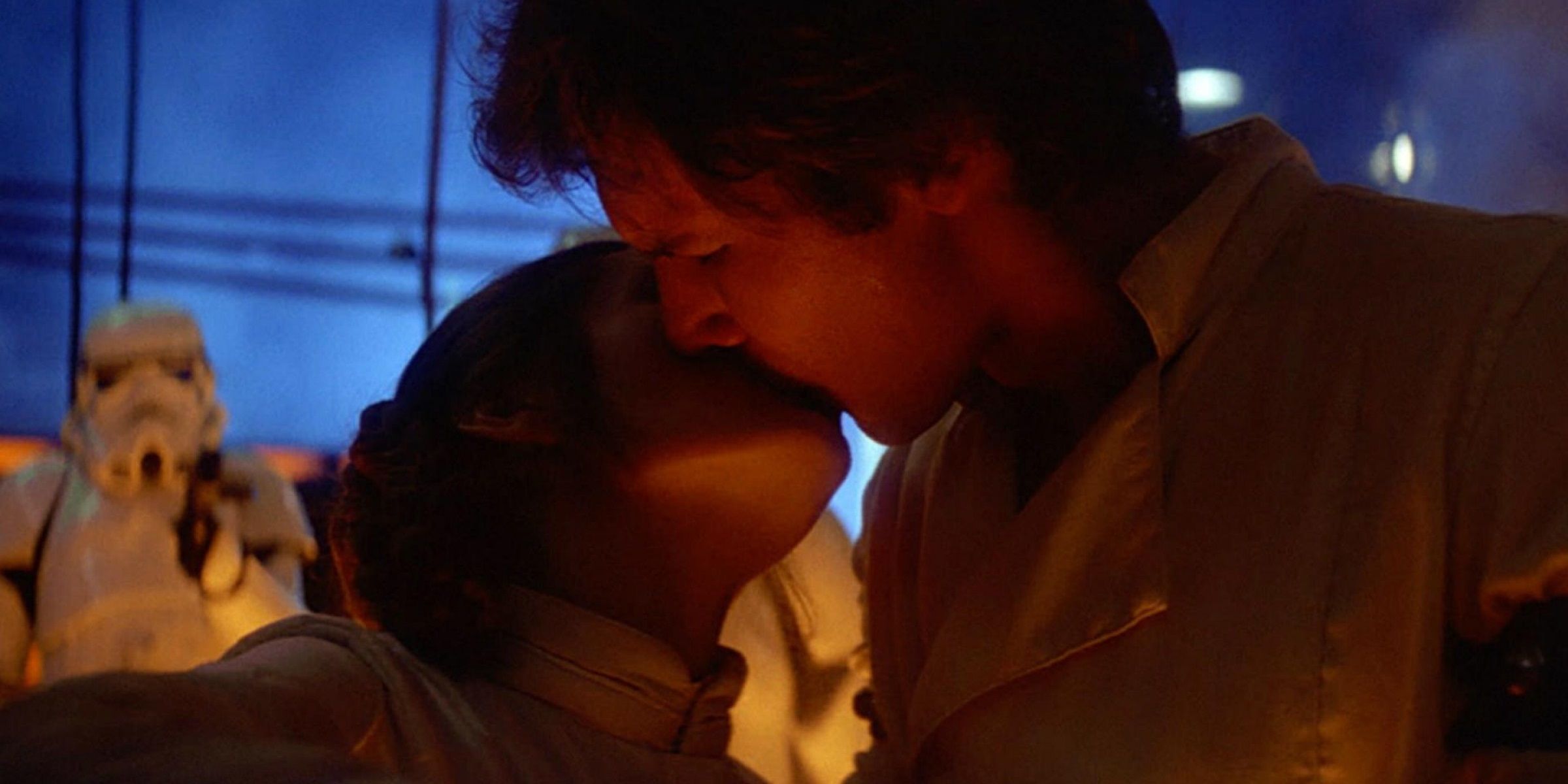 Han Solo and Leia Organa kiss on Bespin in Star Wars Empire Strikes Back
