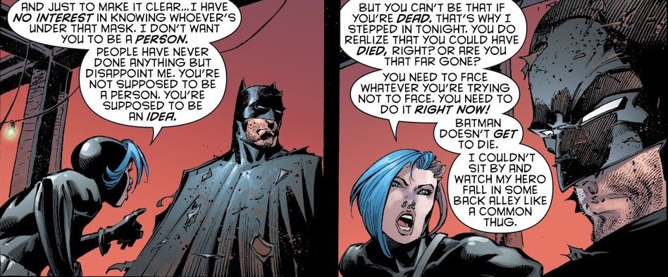Bluebird (Harper Row) arguing with Batman in Batman #18 comic.