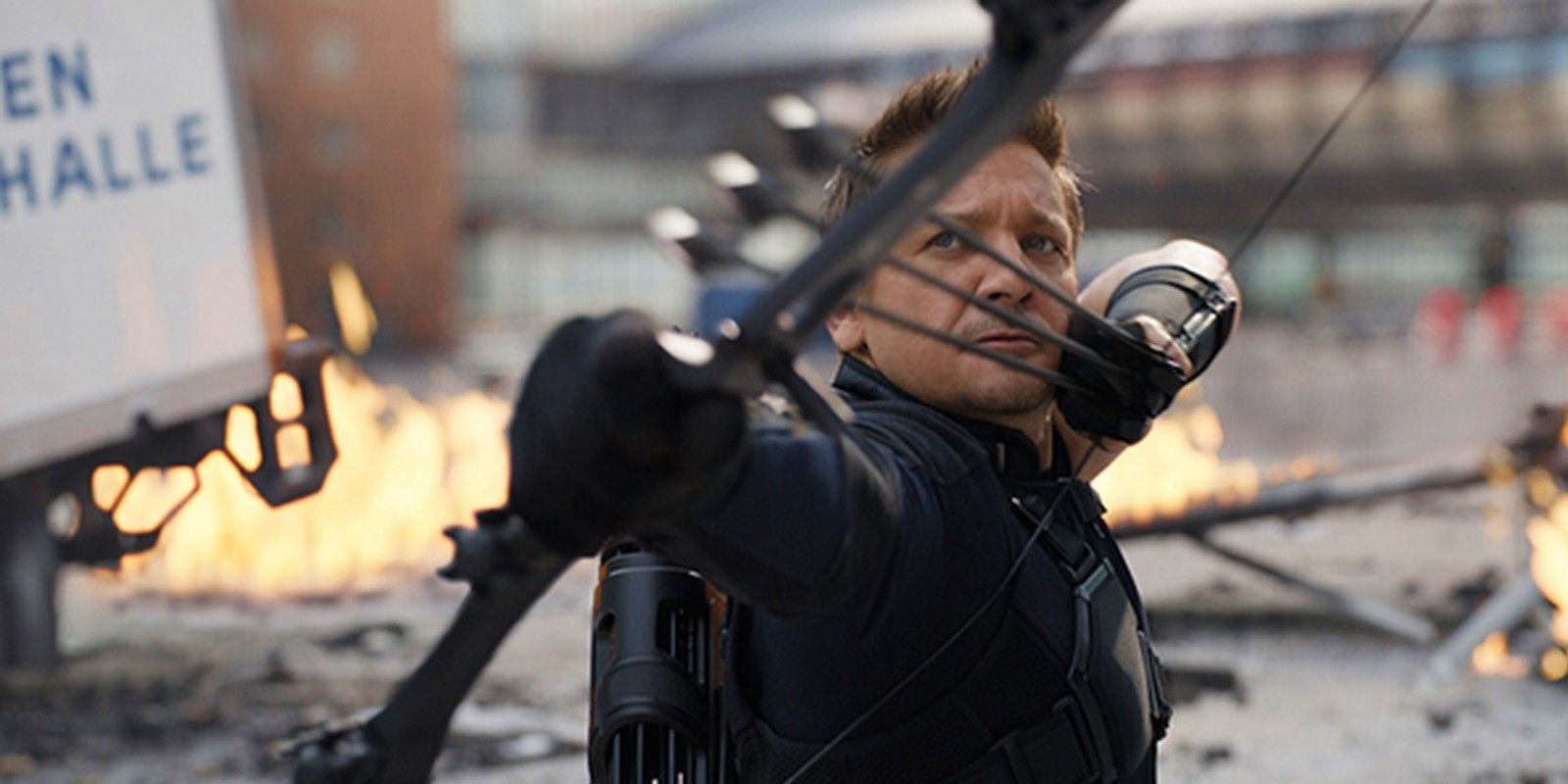Hawkeye shoots three arrows from his bow in the MCU
