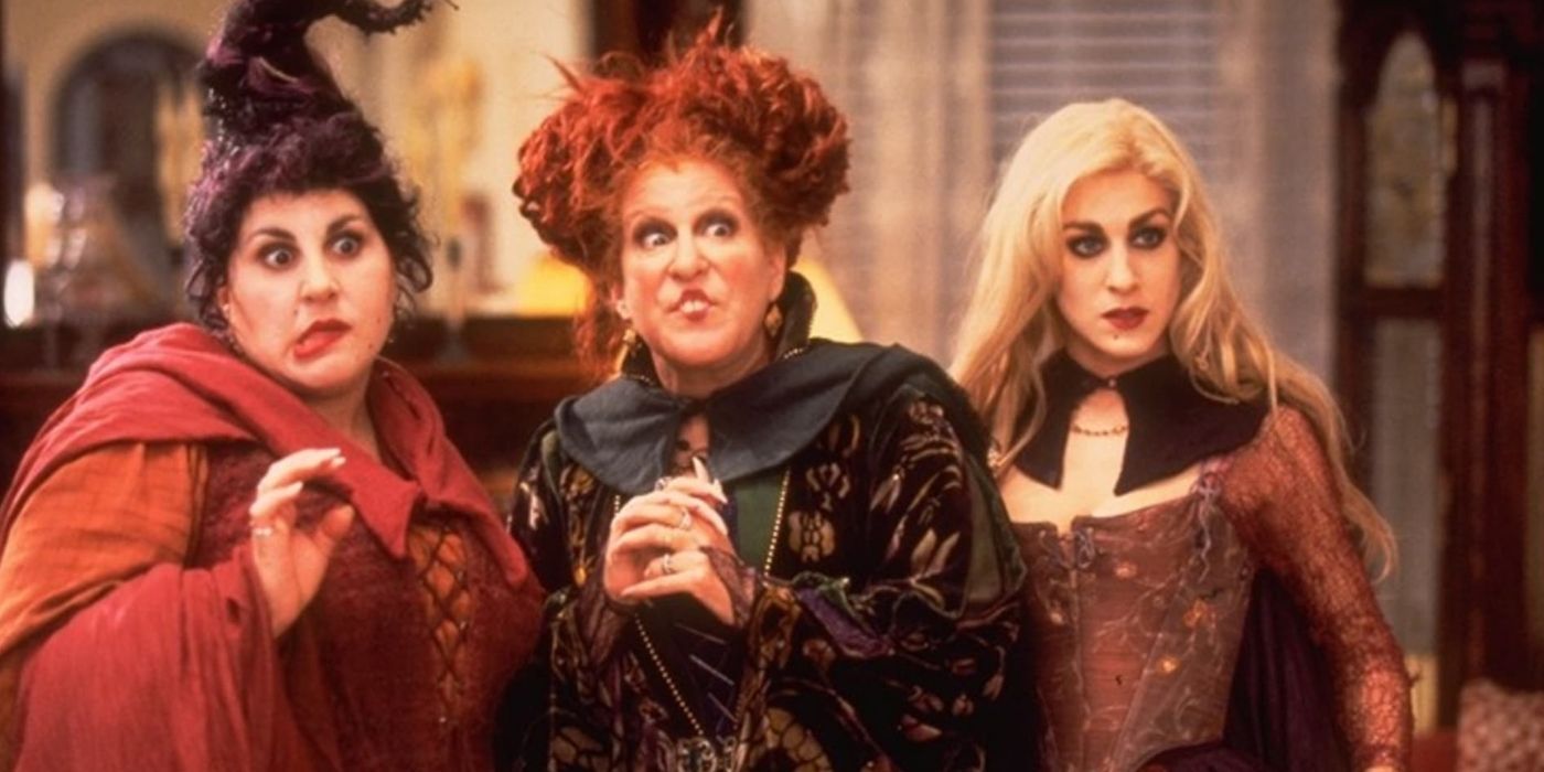 Winifred, Mary, and Sarah looking shocked at the Devil's house on Hocus Pocus
