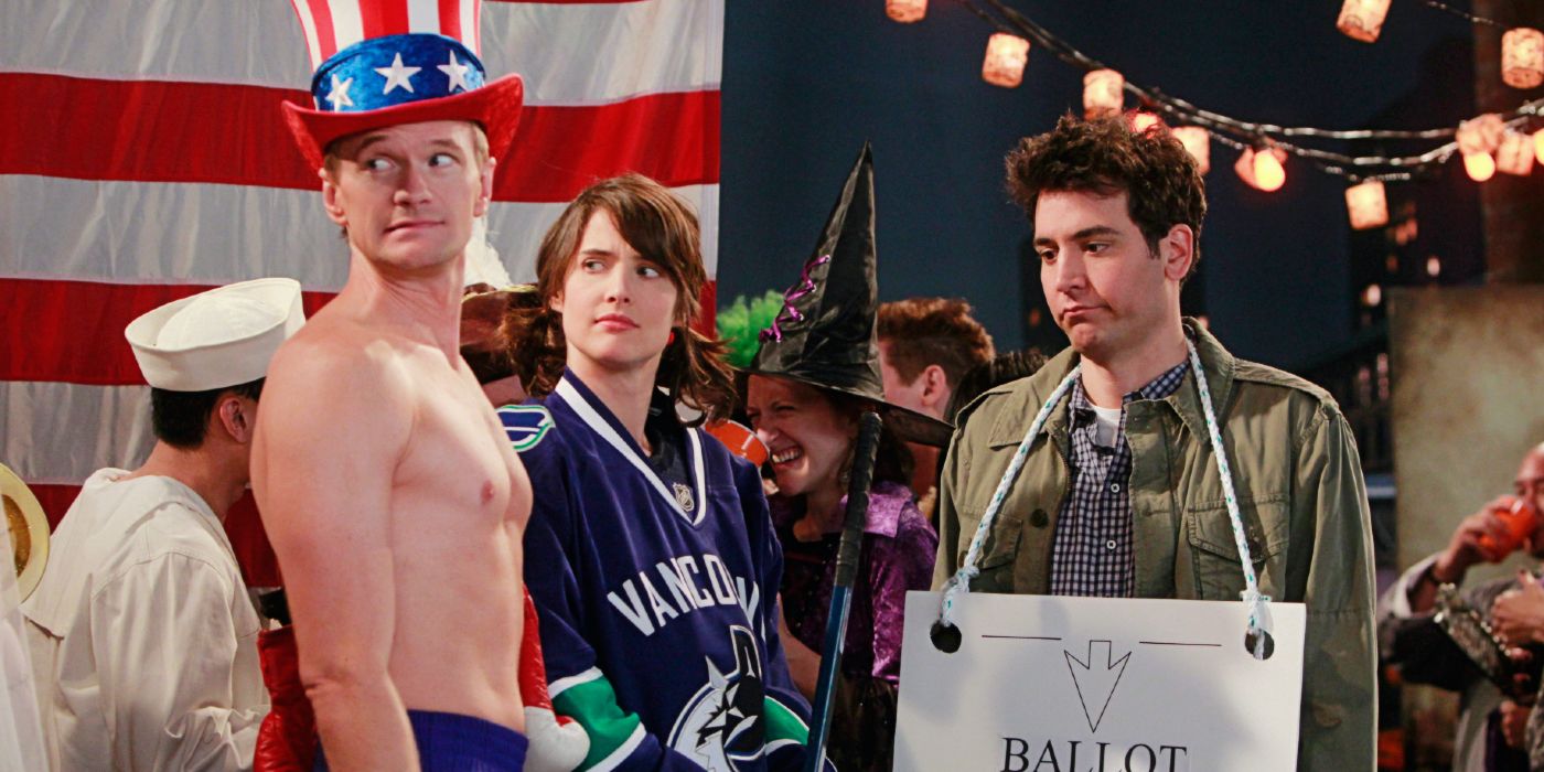 Barney dressed as Apollo, Robin as a Vancouver Canuck, and Ted as the Hanging Chad in How I Met Your Mother