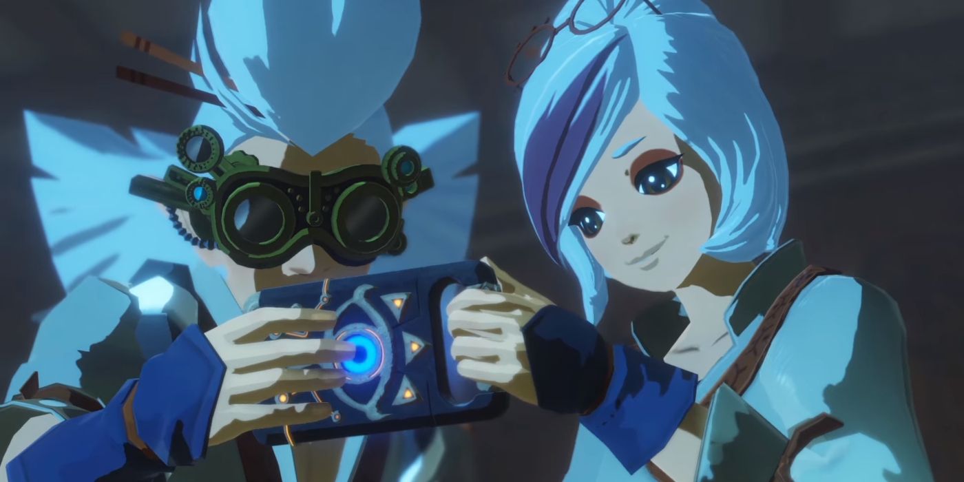 Purah and Robbie looking at the Sheikah Slate in Hyrule Warriors Age of Calamity.