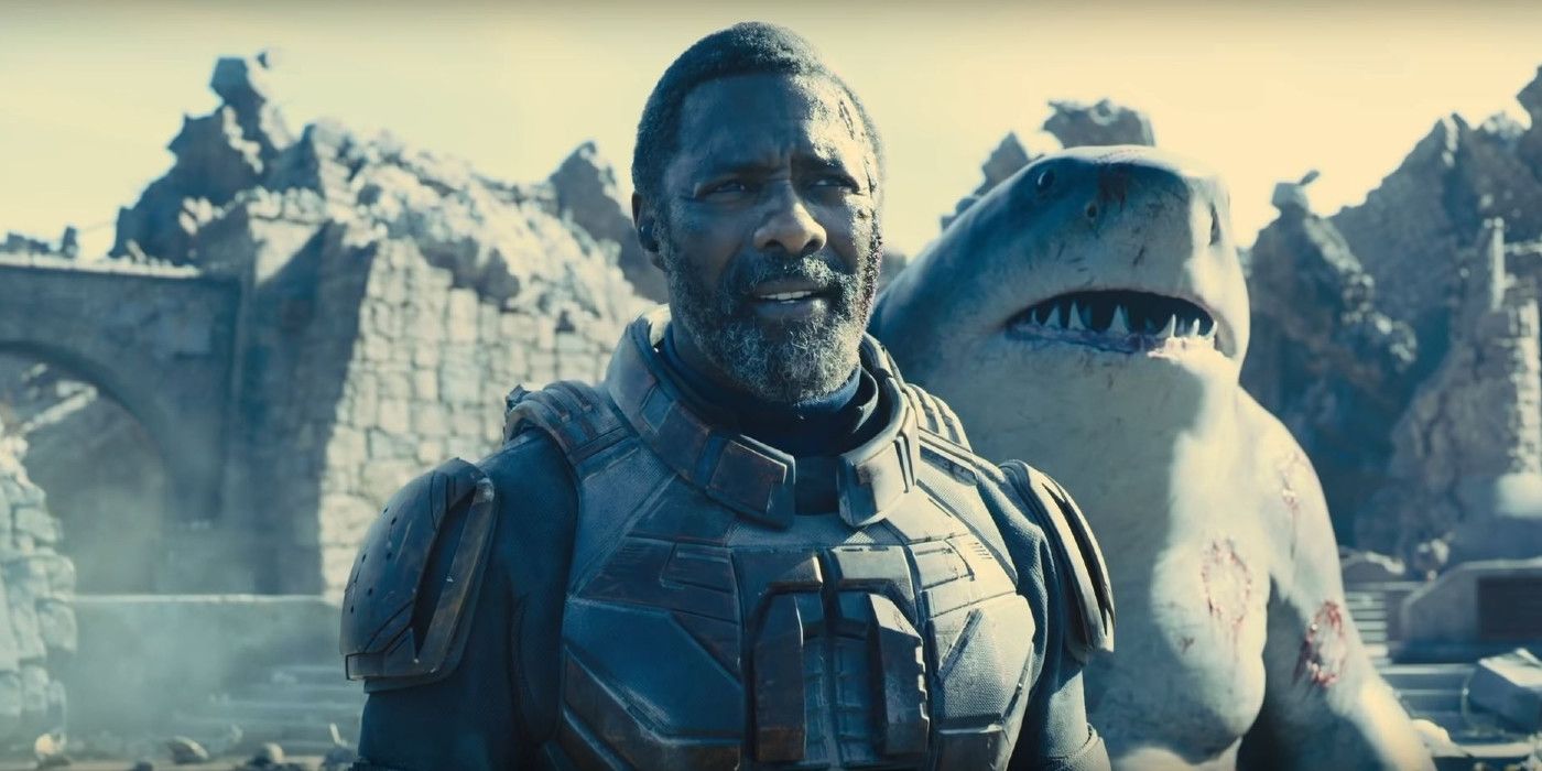 Idris Elba as Bloodsport, Steve Agee and Sylvester Stallone as King Shark, The Suicide Squad