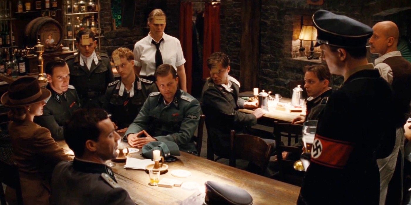 Hellstrom addressing Hicox and the Basterds in the tavern in Inglourious Basterds 