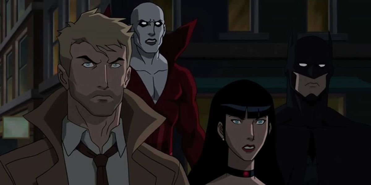 Constantine, Deadman and Batman looking concerned in Justice League Dark
