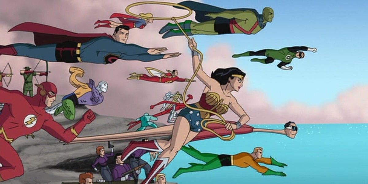 The League flying together over the ocean in Justice League: The New Frontier