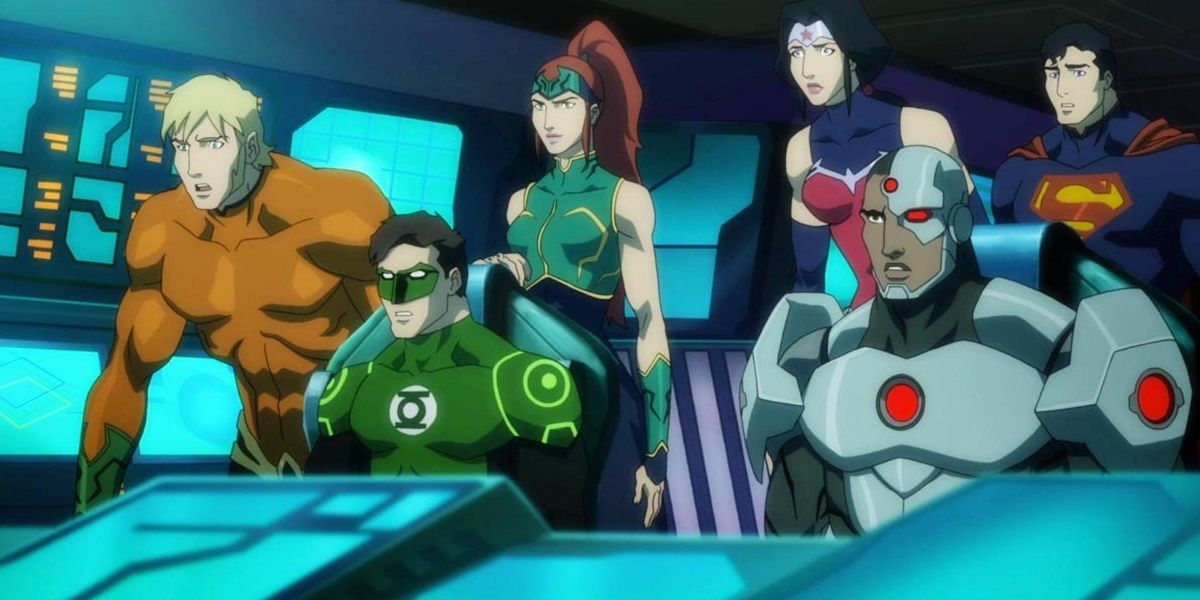 Aquaman, Mera, Green Lantern, Cyborg and Superman looking ahead with concern in Justice League: Throne of Atlantis