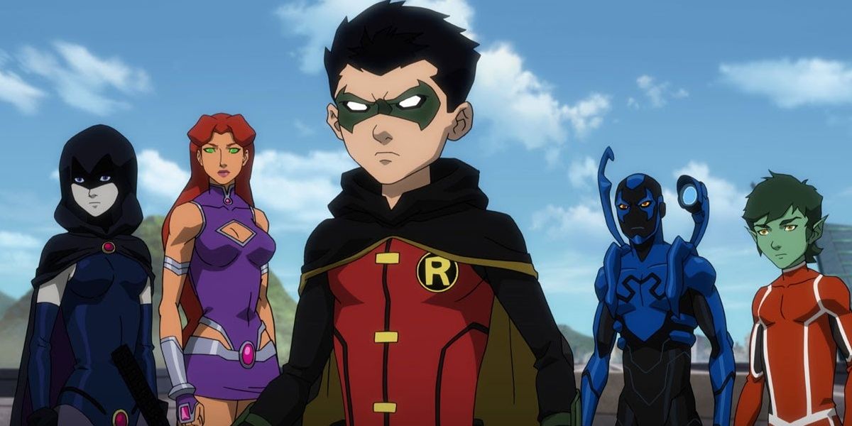 Raven, Starfire, Robin, Blue Beetle and Beast Boy lined up in Justice League vs Teen Titans