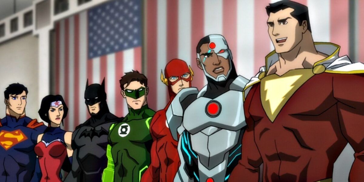 Superman, Wonder Woman, Batman, Green Lantern, Flash, Cyborg and Shazam lined up in front of American flags in Justice League: War