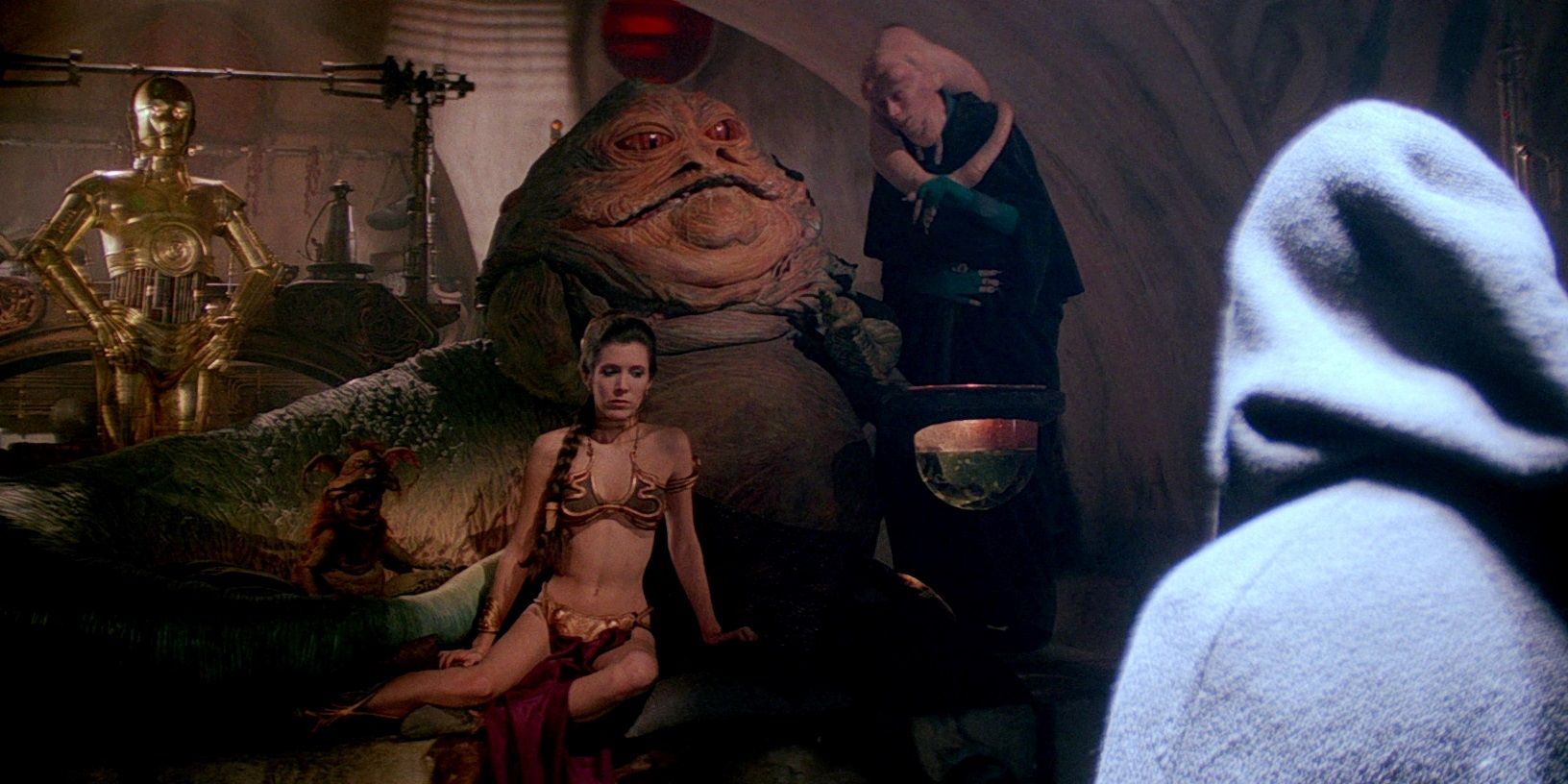 Jabba the Hutt, Leia, C-3PO, and Bib Fortuna in Return of the Jedi