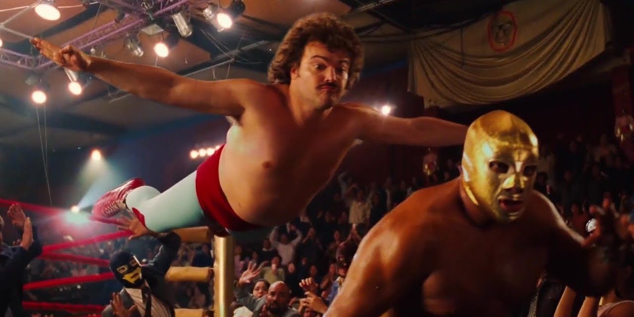 Nacho jumps on a Mexican wrestler in Nacho Libre