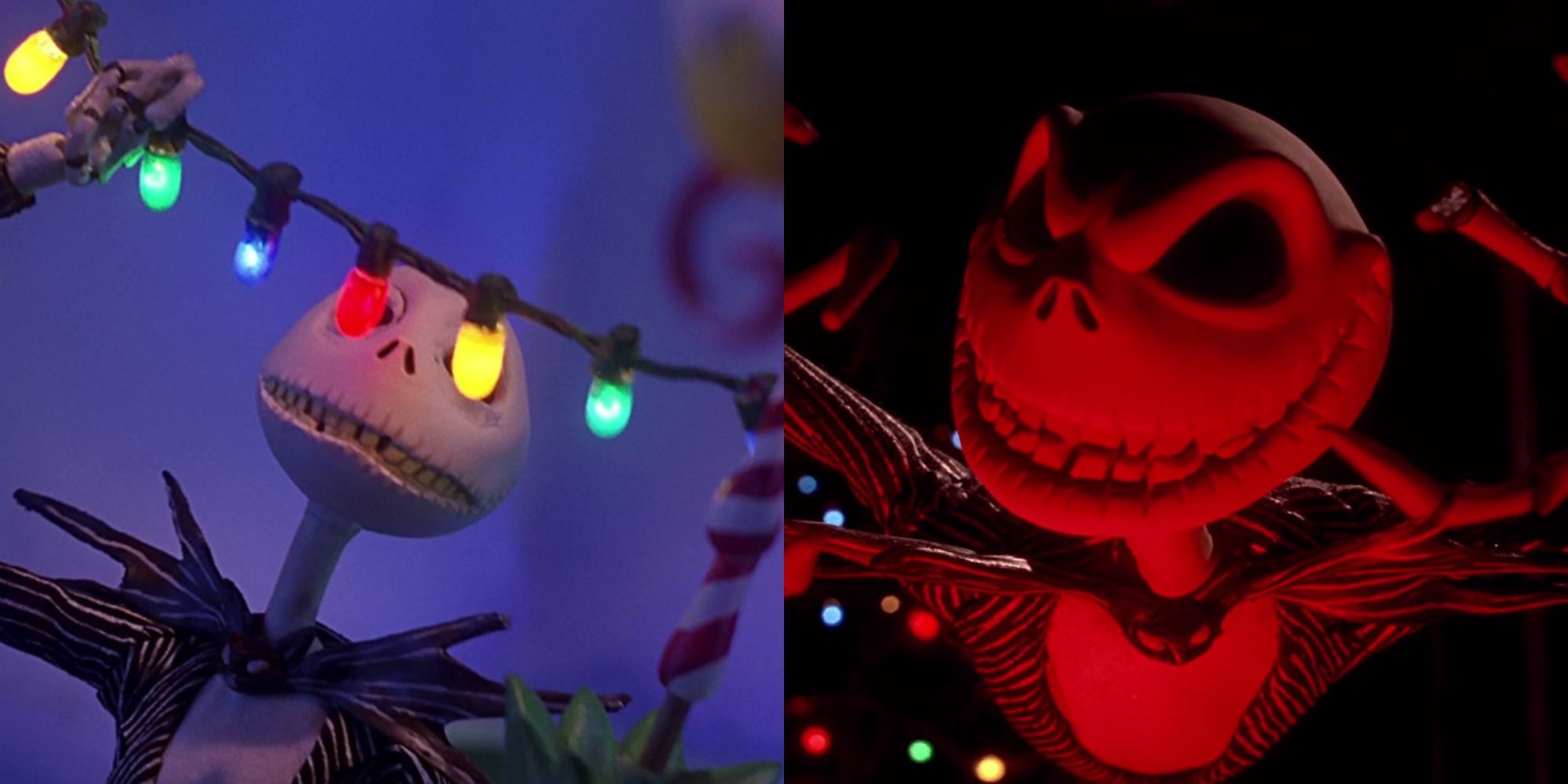 Split image of Jack Skellington looking at Christmas lights and looking scary in The Nightmare Before Christmas