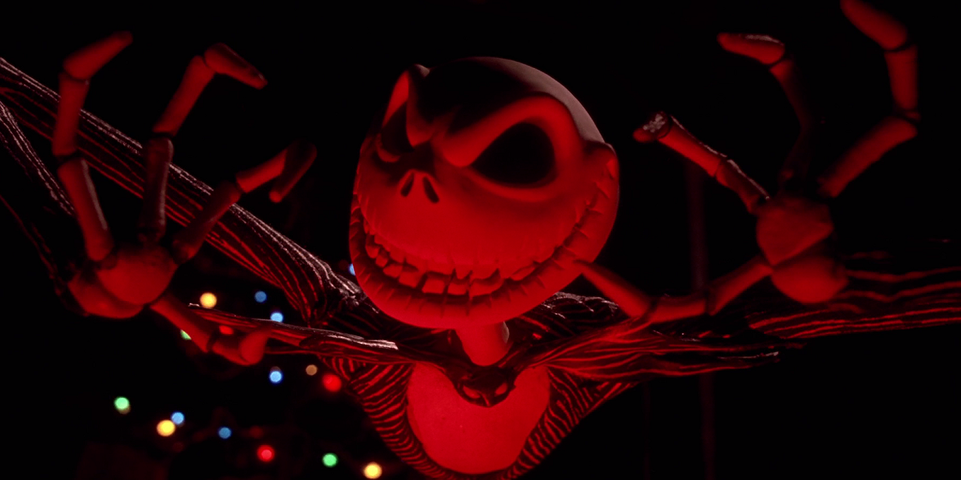 Jack in red light making a scary face in The Nightmare Before Christmas