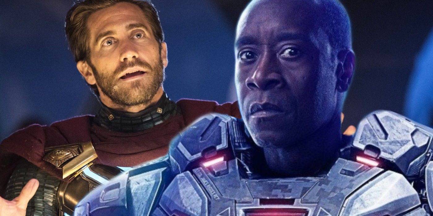 Jake Gyllenhaal as Quentin Beck Mysterio in Spider-Man Far From Home and Don Cheadle as Rhodey War Machine