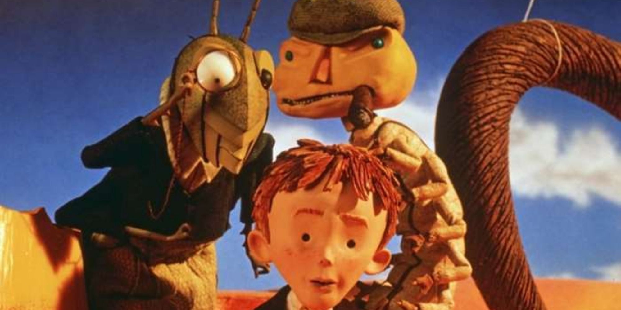 A screenshot of Mr. Grasshopper, James and Mr. Centipede watching the sea in James and the Giant Peach