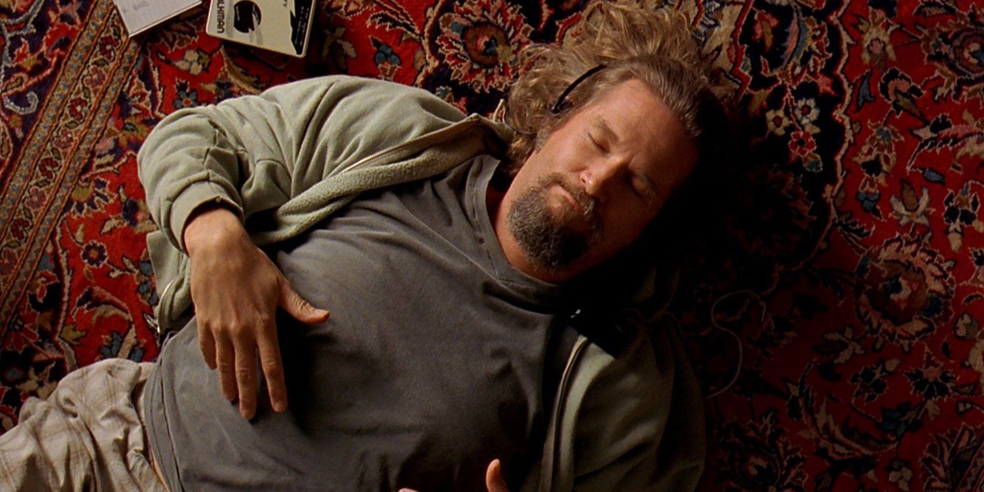Jeff Bridges lying on a rug in The Big Lebowski