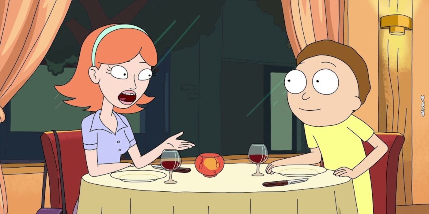 Morty and Jessica talking at a resturant dinner table