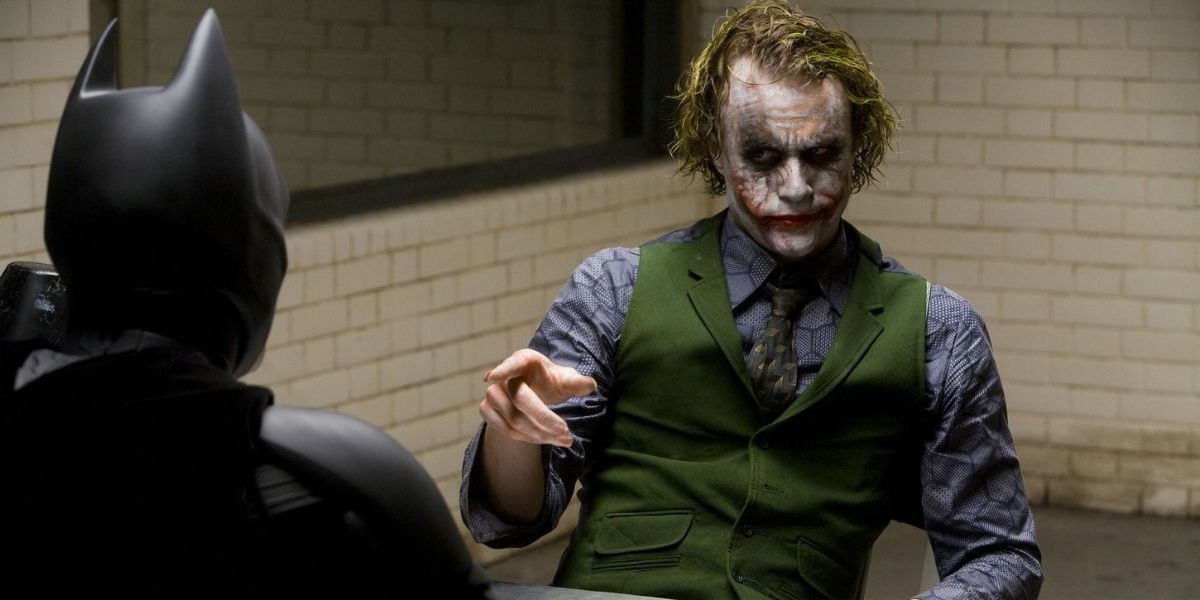 Heath ledger as the Joker in The Dark Knight interrogation scene