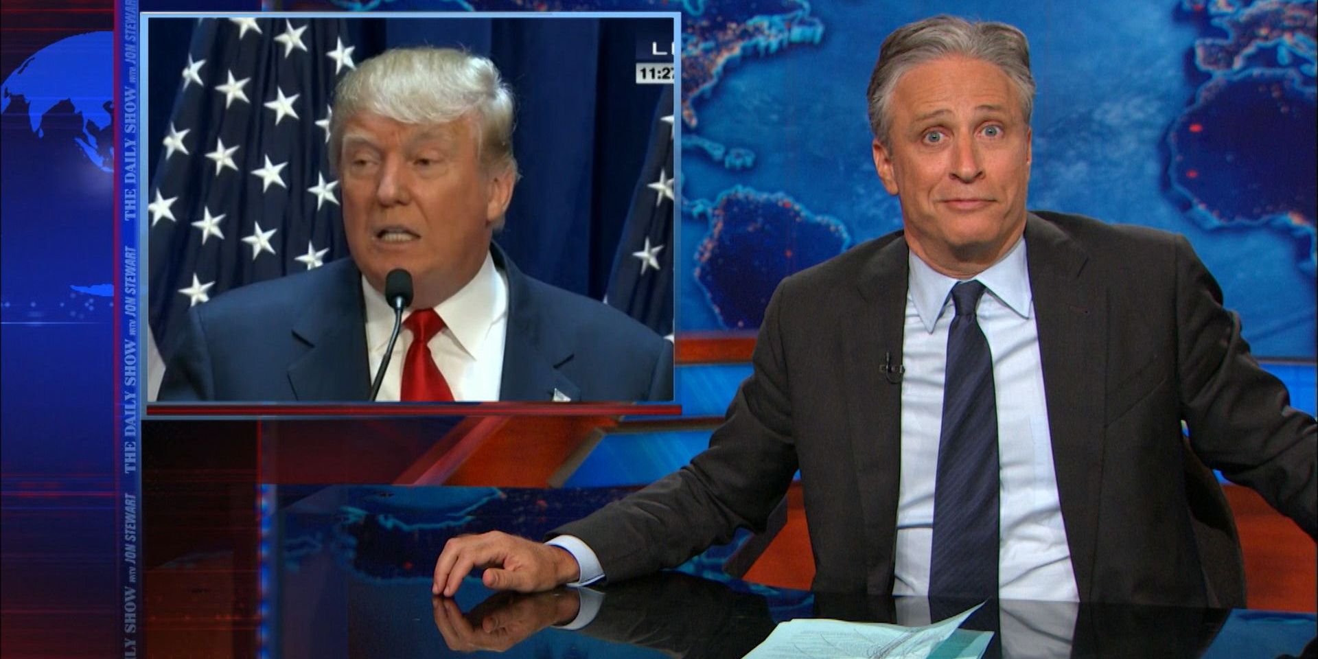 Jon Stewart hosting a Daily Show segment on Donald Trump.