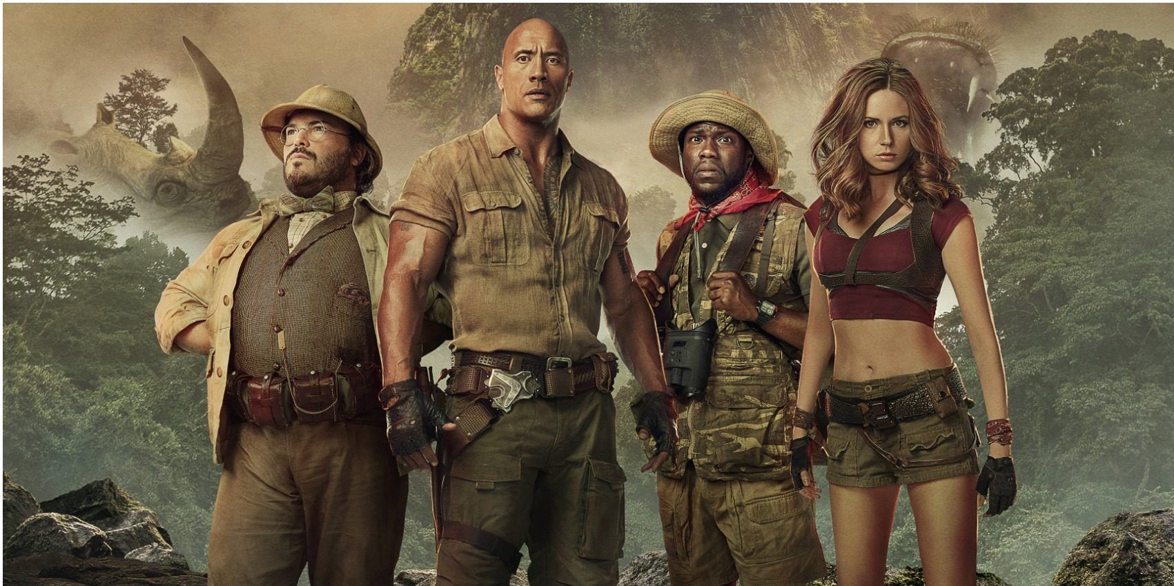 A promotional image of Jumanji: Welcome to the Jungle, featuring the four main leads