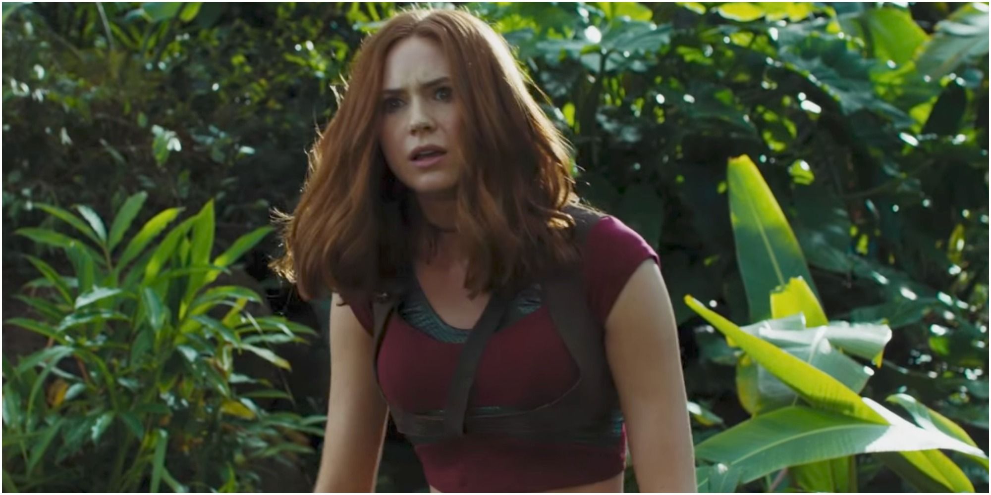 A screenshot of Karen Gillan's Ruby Roundhouse after being dropped in the jungle in Jumanji: Welcome to the Jungle