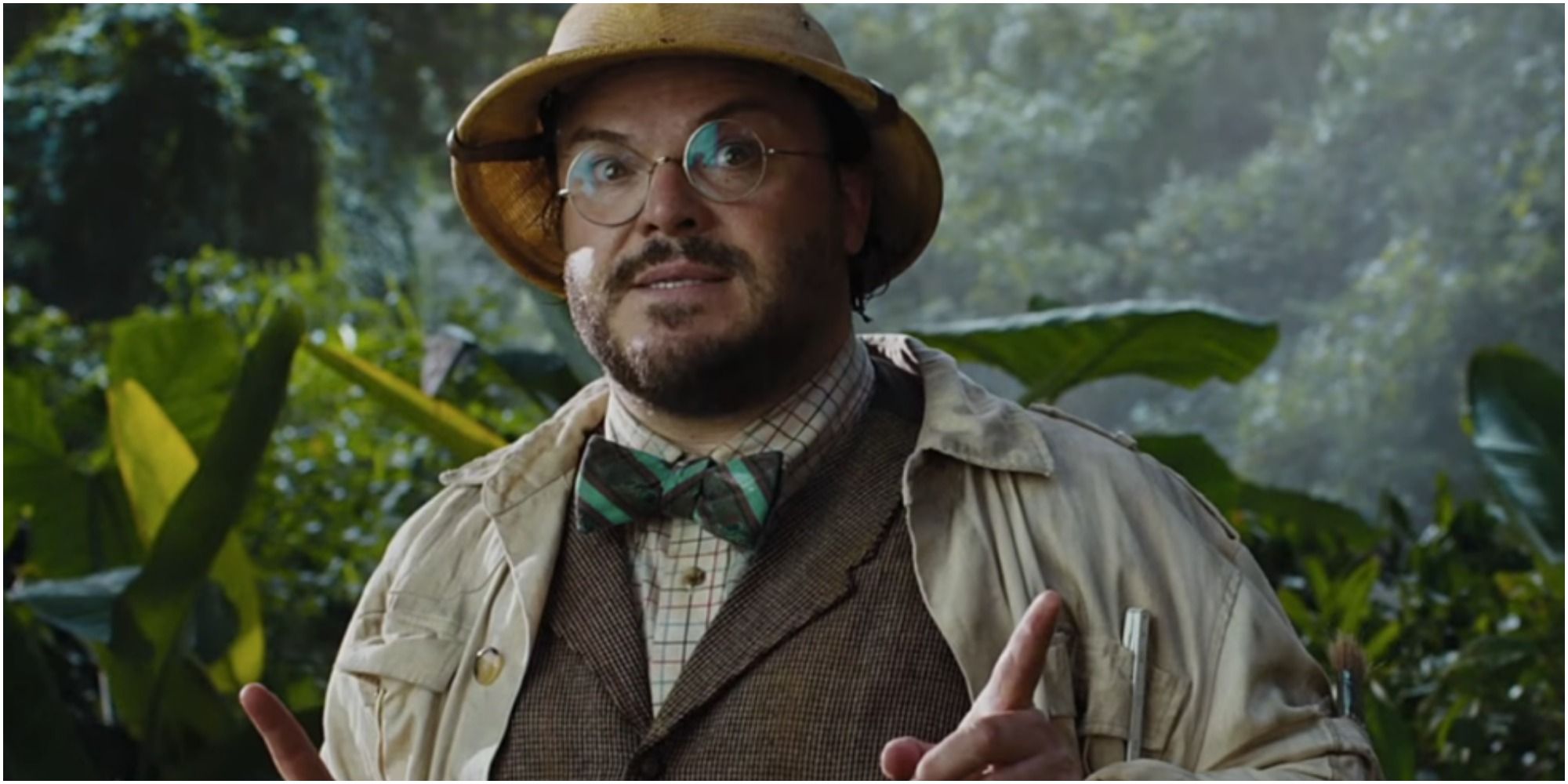 A screenshot of Jack Black's Shelley Oberon after being dropped in the videogame in Jumanji: Welcome to the Jungle