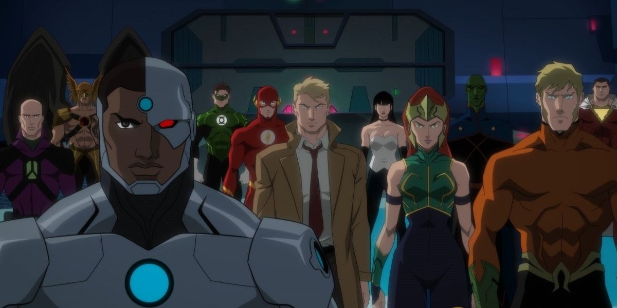 Various League members looking toward the camera in Justice League Dark: Apokolips War