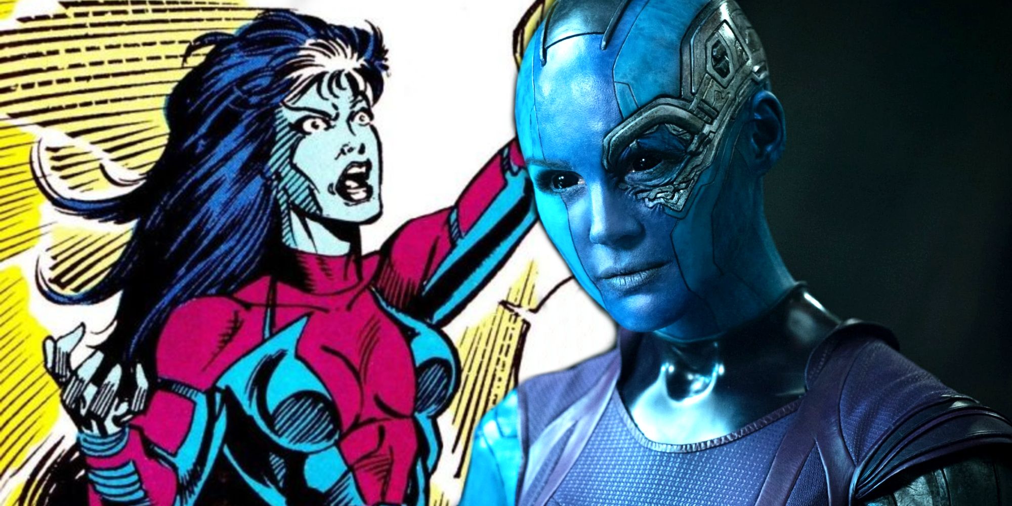 Uma imagem dividida de Karen Gillan como Nebulosa no MCU e Nebulosa na Marvel Comics