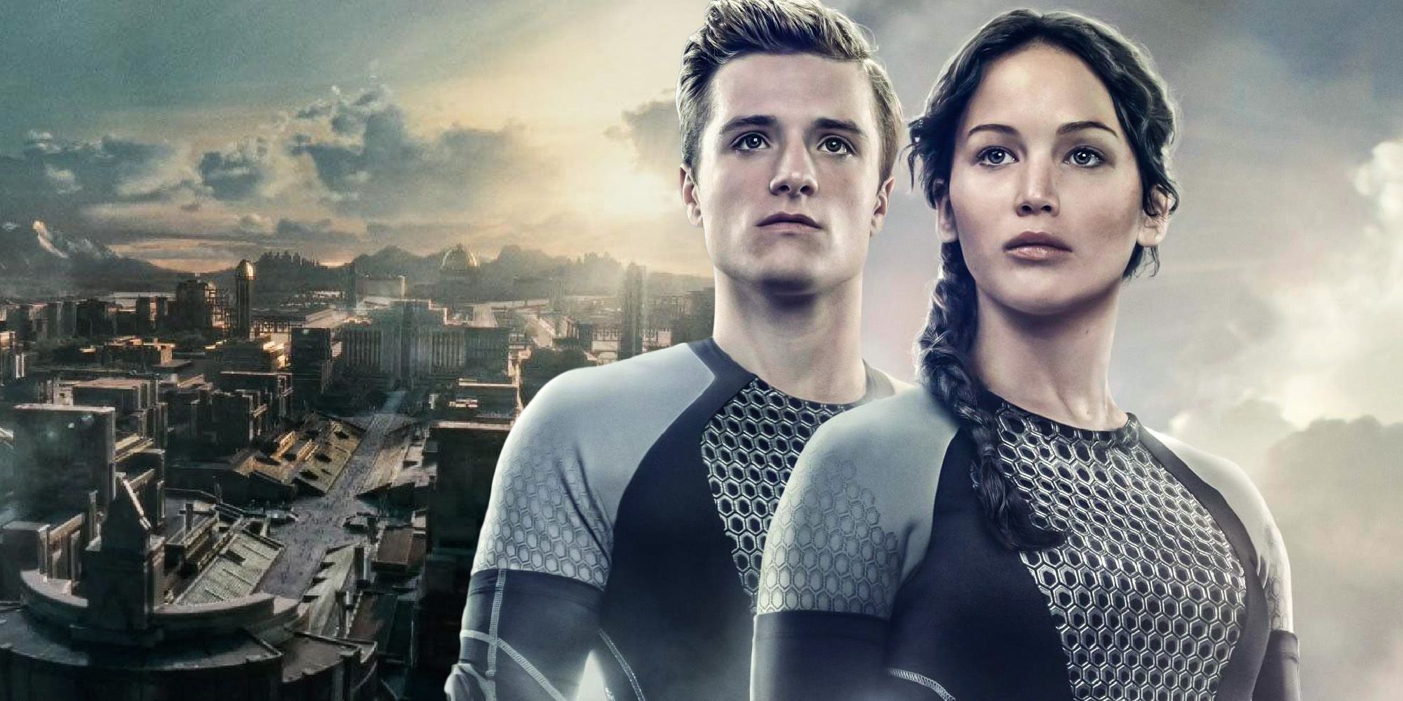 Katniss and Peeta with the Capitol in the background.