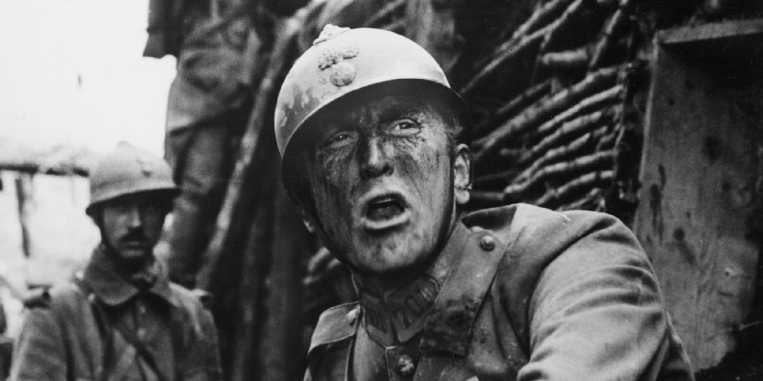 Kirk Douglas as Colonel Dax shouting in Paths of Glory in black and white.