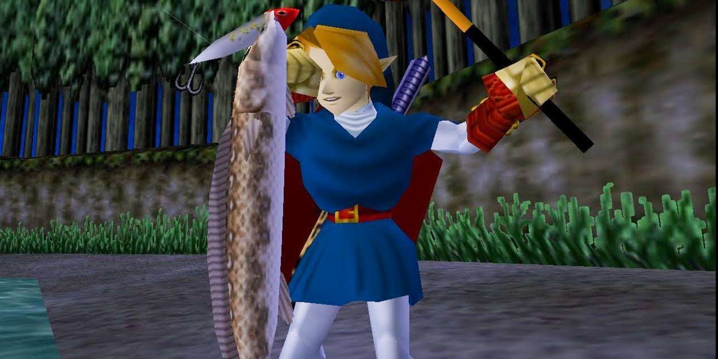 Link catching the Hylian Loach Fish in Ocarina Of Time.