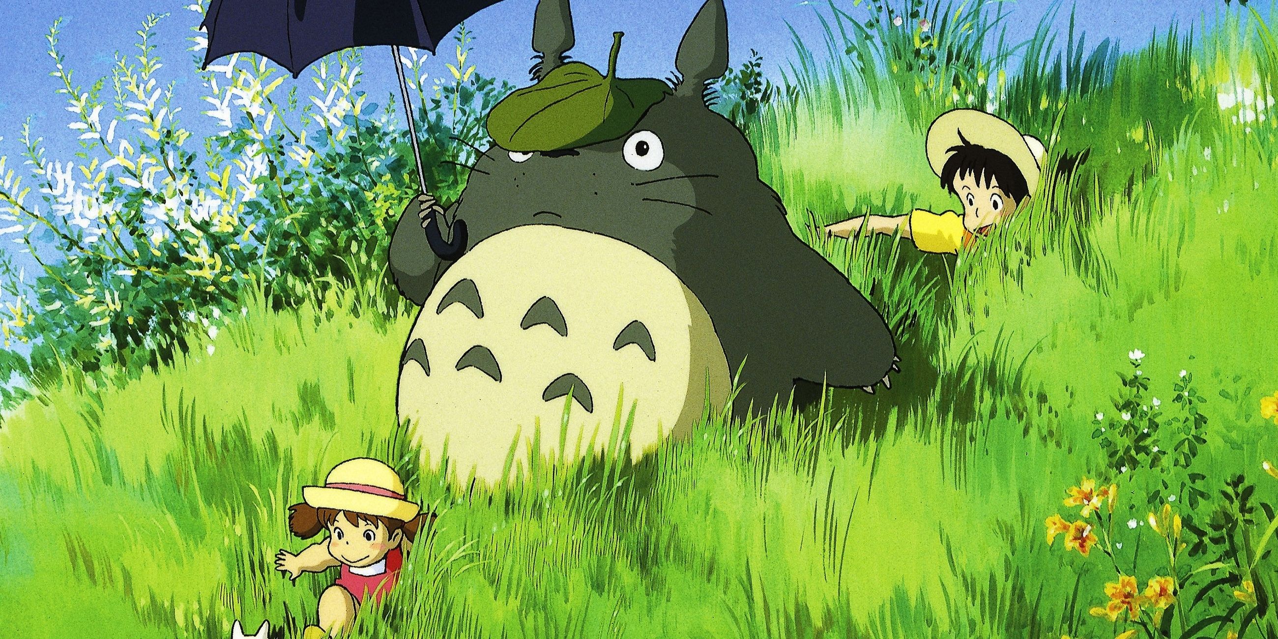 totoro with umbrella and kids