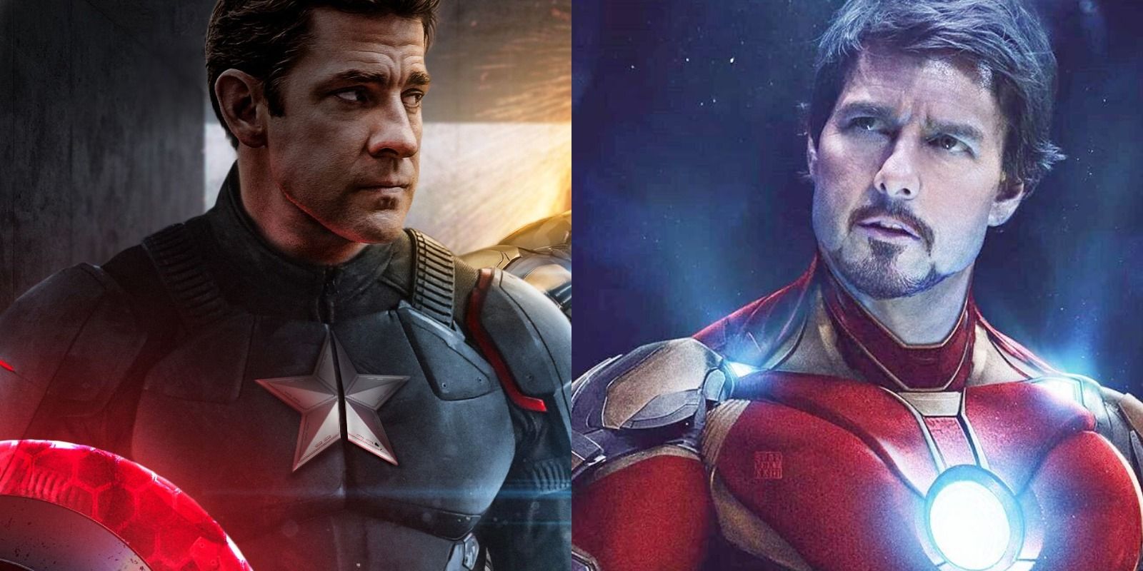 Side by side images of John Krasinski as Captain America and Tom Cruise as Iron Man