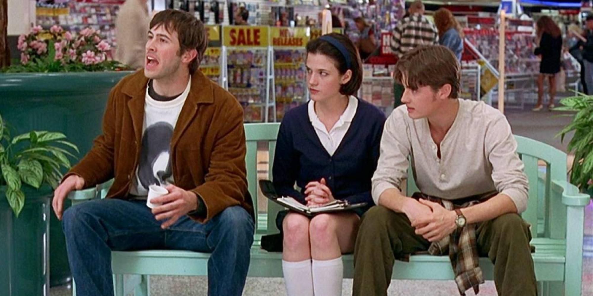 Mallrats characters sitting on a mall bench