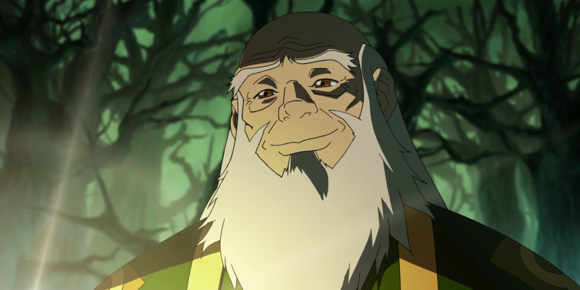 Tio Iroh sorrindo levemente com uma luz brilhando para ele em Avatar: A Lenda de Korra