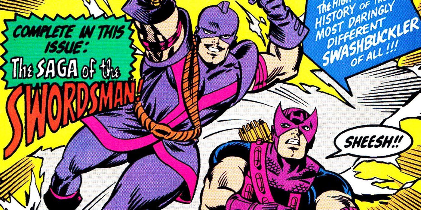The Swordsman leaps in the air as Hawkeye expresses surprise in Marvel Comics.